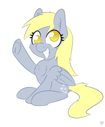 Size: 1500x1800 | Tagged: safe, artist:yakoshi, imported from derpibooru, derpy hooves, pony, cheek fluff, chest fluff, ear fluff, female, simple background, smiling, solo, waving, white background