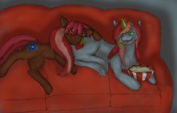 Size: 3325x2112 | Tagged: safe, artist:wesleyfoxx, derpibooru exclusive, imported from derpibooru, oc, oc only, oc:dusk sunrich, oc:fade, earth pony, pony, unicorn, butt pillow, colored, couch, female, food, large butt, levitation, lying down, magic, male, popcorn, smiling, straight, telekinesis