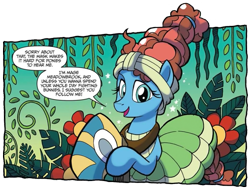 Size: 1039x789 | Tagged: safe, artist:tonyfleecs, idw, imported from derpibooru, meadowbrook, earth pony, pony, legends of magic, spoiler:comic, spoiler:comiclom8, cropped, female, healer's mask, mare, mask, official comic, solo, speech bubble