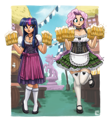Size: 1600x1744 | Tagged: safe, artist:king-kakapo, imported from derpibooru, fluttershy, twilight sparkle, human, alcohol, apron, beer, blushing, braid, braided pigtails, breasts, busty fluttershy, choker, clothes, cute, dirndl, dress, duo, duo female, female, humanized, jewelry, mary janes, moe, mug, necklace, oktoberfest, pigtails, shoes, shyabetes, skirt, socks, stockings, thigh highs, twiabetes, zettai ryouiki
