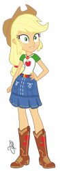 Size: 724x2048 | Tagged: safe, artist:ilaria122, imported from derpibooru, applejack, equestria girls, equestria girls series, belt, boots, clothes, cowboy boots, cowboy hat, cute, denim skirt, female, freckles, hand on hip, hat, not a vector, signature, simple background, skirt, solo, stetson, transparent background