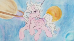 Size: 1024x576 | Tagged: safe, artist:evereveron, imported from derpibooru, milky way (g1), pony, unicorn, female, g1, mare, solo, traditional art