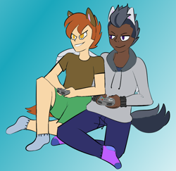 Size: 978x950 | Tagged: safe, artist:icey-wicey-1517, artist:icicle-wicicle-1517, artist:pandaamanda11, imported from derpibooru, button mash, rumble, human, clothes, collaboration, controller, dark skin, eared humanization, gay, gradient background, hoodie, hug, humanized, male, older, rumblemash, shipping, shirt, shorts, socks, t-shirt, tailed humanization, winged humanization, winghug, wings