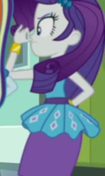Size: 430x720 | Tagged: safe, imported from derpibooru, screencap, rainbow dash, rarity, a queen of clubs, equestria girls, equestria girls series, cropped, female, holding nose, plugged nose, rarity is not amused, rarity peplum dress, rear view, unamused