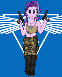 Size: 2060x2560 | Tagged: safe, artist:xphil1998, imported from derpibooru, starlight glimmer, equestria girls, belly button, boots, camouflage, clothes, command and conquer, crossover, desert eagle, dog tags, dual wield, gun, guns akimbo, midriff, military, red alert 3, shoes, smiling, tanktop, tanya adams, weapon
