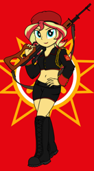 Size: 1536x2796 | Tagged: safe, artist:xphil1998, imported from derpibooru, sunset shimmer, equestria girls, belly button, beret, boots, clothes, command and conquer, crossover, epaulettes, gun, hat, midriff, military, natasha volkova, red alert, red alert 3, rifle, shoes, shorts, sling, smiling, sniper rifle, soviet shimmer, weapon