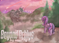 Size: 841x617 | Tagged: safe, artist:lavilovi, imported from derpibooru, twilight sparkle, alicorn, commission, crash landing, fanfic, fanfic art, fanfic cover, female, forest, lake, mountain, science fiction, solo, spaceship, twilight sparkle (alicorn)
