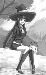 Size: 1000x1625 | Tagged: safe, artist:johnjoseco, imported from derpibooru, twilight sparkle, human, akko kagari, anime, boots, candy, clothes, cosplay, costume, cute, dress, female, food, grayscale, halloween, holiday, human female, humanized, legs, little witch academia, long hair, moe, monochrome, open mouth, outdoors, pumpkin bucket, shoes, skirt, smiling, solo, tree, witch