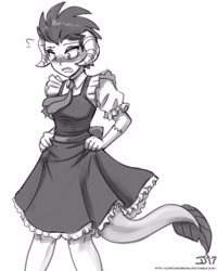 Size: 1000x1250 | Tagged: safe, artist:johnjoseco, imported from derpibooru, princess ember, human, anime, blushing, breasts, clothes, cute, embarrassed, female, frown, grayscale, horned humanization, humanized, looking down, maid, miss kobayashi's dragon maid, moe, monochrome, open mouth, simple background, skirt, skirt lift, solo, tailed humanization, tohru, white background, wide eyes