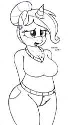 Size: 2411x4000 | Tagged: safe, artist:an-tonio, imported from derpibooru, oc, oc only, oc:golden brooch, anthro, anthro oc, breasts, busty golden brooch, chubby, clothes, female, hair bun, jeans, lineart, lipstick, monochrome, mother, pants, solo, sweater, traditional art