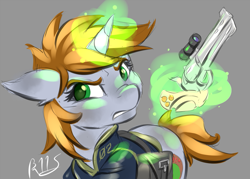 Size: 931x666 | Tagged: safe, artist:drizziedoodles, imported from derpibooru, oc, oc only, oc:littlepip, pony, unicorn, fallout equestria, clothes, fanfic, fanfic art, female, glowing horn, gray background, gun, handgun, horn, jumpsuit, little macintosh, magic, mare, revolver, saddle bag, simple background, solo, telekinesis, vault suit, weapon