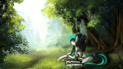 Size: 1920x1080 | Tagged: safe, artist:cosmalumi, artist:its-gloomy, imported from derpibooru, oc, oc only, oc:nighttide star, pony, robot, robot pony, detailed background, female, forest, mare, scenery, solo