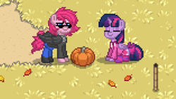 Size: 627x353 | Tagged: safe, imported from derpibooru, pinkie pie, twilight sparkle, alicorn, pony, pony town, clothes, glasses, jacket, leaves, pumpkin, socks, striped socks, sweater, torch, twilight sparkle (alicorn)