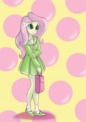 Size: 2481x3507 | Tagged: safe, artist:eiranosaur, imported from derpibooru, fluttershy, equestria girls, clothes, cute, eyeshadow, female, long hair, makeup, mary janes, moe, pleated skirt, schoolgirl, shoes, skirt, smiling, socks, solo