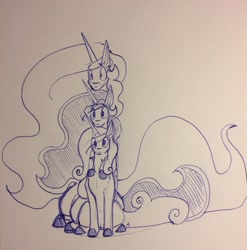 Size: 1266x1280 | Tagged: safe, artist:greyscaleart, imported from derpibooru, princess cadance, princess celestia, princess luna, alicorn, pony, alicorn triarchy, monochrome, stack, traditional art