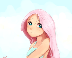 Size: 2500x2000 | Tagged: safe, artist:miokomata, imported from derpibooru, fluttershy, human, bust, clothes, cute, female, freckles, high res, human female, humanized, shyabetes, smiling, solo