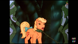 Size: 1280x720 | Tagged: safe, imported from derpibooru, screencap, applejack (g1), rescue at midnight castle, chained, g1, midnight castle guard