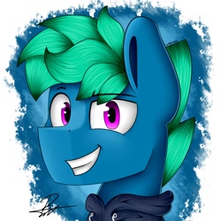 Size: 1200x1200 | Tagged: safe, artist:supermoix, imported from derpibooru, oc, oc only, oc:supermoix, pony, blue coat, bust, green hair, green mane, grin, happy, male, pink eyes, signature, smiling, solo, stallion