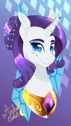 Size: 657x1168 | Tagged: safe, artist:djspark3, imported from derpibooru, rarity, pony, unicorn, bust, curved horn, cute, cutie mark background, element of generosity, eyeshadow, female, hair bun, horn jewelry, jewelry, makeup, mare, peytral, portrait, raribetes, signature, smiling, solo