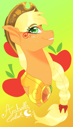 Size: 1432x2500 | Tagged: safe, artist:djspark3, imported from derpibooru, applejack, braided ponytail, bust, cowboy hat, cutie mark background, element of honesty, female, hat, makeup, portrait, signature, smiling, solo, stetson