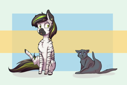 Size: 1920x1280 | Tagged: safe, artist:shiro-roo, imported from derpibooru, oc, oc only, oc:greeny the zeeb, cat, zebra, abstract background, chest fluff, male, raised leg, sitting, tongue out, zebra oc