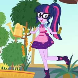 Size: 2000x2000 | Tagged: safe, artist:phucknuckl, imported from derpibooru, sci-twi, twilight sparkle, equestria girls, equestria girls series, my little shop of horrors, apron, boots, celestia's house, clothes, cute, female, geode of telekinesis, glasses, gloves, happy, open mouth, raised leg, room to grow, shoes, show accurate, smiling, solo, stars, tree, twiabetes, watering can