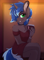 Size: 1408x1914 | Tagged: safe, artist:meggchan, imported from derpibooru, oc, oc only, oc:lock down, anthro, unguligrade anthro, unicorn, alcohol, anthro oc, bar, blushing, chest fluff, choker, clothes, crossdressing, cup, dress, ear fluff, femboy, looking at you, male, malesub, red dress, sitting, smiling, solo, stallion, submissive, trap, unicorn malesub, unicorn oc, wine
