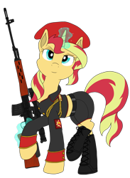 Size: 1256x1716 | Tagged: safe, artist:xphil1998, imported from derpibooru, sunset shimmer, pony, unicorn, beret, boots, clothes, command and conquer, crossover, dragunov, dragunov svd, epaulettes, female, glowing horn, gun, hat, hooves, horn, looking at you, magic, mare, midriff, military uniform, natasha volkova, optical sight, red alert, red alert 3, rifle, shoes, simple background, sniper, sniper rifle, sniperskya vintovka dragunova, solo, soviet shimmer, svd, telekinesis, transparent background, weapon
