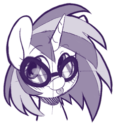 Size: 581x624 | Tagged: safe, artist:ashleynicholsart, deleted from derpibooru, imported from derpibooru, dj pon-3, vinyl scratch, pony, unicorn, :p, blushing, bust, female, glasses, grayscale, mare, monochrome, portrait, silly, simple background, sketch, smiling, solo, tongue out, white background