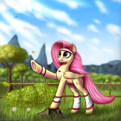 Size: 2000x2000 | Tagged: safe, artist:adagiostring, imported from derpibooru, fluttershy, pegasus, pony, female, mare, outdoors, solo, workout outfit