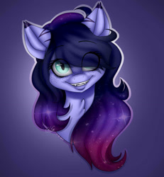 Size: 1045x1133 | Tagged: safe, artist:ggchristian, imported from derpibooru, oc, oc only, oc:evening eclipse, pony, bust, chest fluff, fangs, female, hair over one eye, looking at you, mare, portrait, smiling, solo