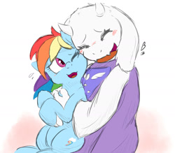 Size: 1600x1400 | Tagged: safe, artist:gamijack, imported from derpibooru, rainbow dash, pony, blushing, clothes, crossover, cute, daaaaaaaaaaaw, dashabetes, duo, duo female, eyes closed, female, holding a pony, hug, one eye closed, open mouth, simple background, smiling, toriel, undertale, white background, wingless