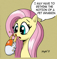 Size: 900x926 | Tagged: safe, artist:cartoon-eric, imported from derpibooru, fluttershy, pegasus, pony, bust, female, grubbin, looking at something, nose pinch, open mouth, pinch, pokémon, pokémon in my little pony, portrait, simple background, solo, speech bubble, yellow background