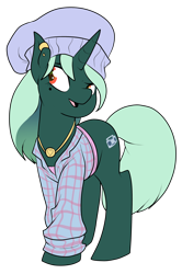 Size: 2114x3177 | Tagged: safe, artist:heyerika, imported from derpibooru, oc, oc only, oc:backspin, pony, unicorn, 2018 community collab, derpibooru community collaboration, clothes, hat, jewelry, necklace, piercing, simple background, transparent background