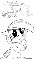 Size: 752x1276 | Tagged: safe, artist:dotkwa, imported from derpibooru, rainbow dash, pegasus, pony, comic, cute, dashabetes, dialogue, female, floppy ears, grayscale, mare, monochrome, solo