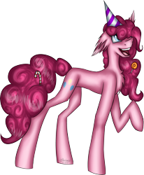 Size: 3126x3791 | Tagged: safe, artist:wildiecrazy, imported from derpibooru, pinkie pie, pony, candy, candy cane, female, food, hat, high res, lollipop, party hat, simple background, solo, transparent background