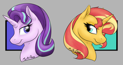 Size: 1528x816 | Tagged: safe, artist:mythpony, imported from derpibooru, starlight glimmer, sunset shimmer, pony, unicorn, back to back, bust, portrait