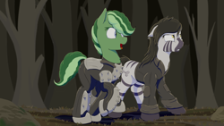 Size: 2560x1440 | Tagged: safe, artist:coreboot, artist:kpvt, imported from derpibooru, oc, oc only, oc:minty fresh, oc:phisa, zebra, fallout equestria, armor, clothes, fallout equestria: dead end, jacket, leather, leather jacket, spiked armor, stripes, zebra oc