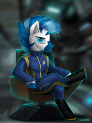 Size: 900x1200 | Tagged: safe, artist:scheadar, imported from derpibooru, oc, oc only, oc:sebrastian, anthro, zebra, bipedal, clothes, crossed legs, crossover, male, sitting, solo, star trek, star trek: discovery, starfleet, uniform, zebra oc