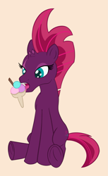 Size: 1303x2134 | Tagged: safe, artist:cybersquirrel, imported from derpibooru, fizzlepop berrytwist, tempest shadow, unicorn, my little pony: the movie, broken horn, colored pupils, female, flat colors, food, ice cream, licking, simple background, sitting, solo, tongue out