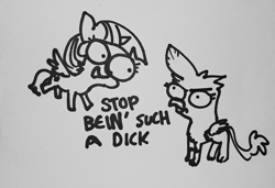 Size: 1780x1216 | Tagged: safe, artist:tjpones, imported from derpibooru, gilda, twilight sparkle, alicorn, griffon, pony, sparkles! the wonder horse!, black and white, dialogue, female, grayscale, lineart, mare, monochrome, traditional art, twilight sparkle (alicorn), vulgar