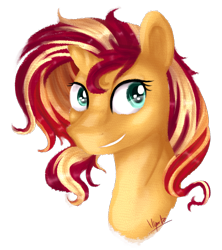 Size: 1920x2160 | Tagged: safe, artist:ilynalta, imported from derpibooru, sunset shimmer, pony, unicorn, bust, female, grin, mare, portrait, simple background, smiling, solo, transparent background