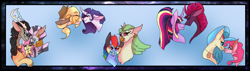 Size: 7000x2000 | Tagged: safe, artist:thebigearredbat, imported from derpibooru, applejack, captain celaeno, discord, fizzlepop berrytwist, fluttershy, pinkie pie, princess skystar, rainbow dash, rarity, tempest shadow, twilight sparkle, zecora, anthro, classical hippogriff, hippogriff, my little pony: the movie, celaenodash, discoshy, discoshycora, female, lesbian, male, mane six, polyamory, rarijack, shipping, shycora, skypie, straight, tempestlight, zecord