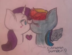 Size: 2006x1536 | Tagged: safe, artist:cinnamon-pumpkin, imported from derpibooru, rainbow dash, rarity, pegasus, pony, unicorn, blushing, eyes closed, female, heart, kissing, lesbian, mare, raridash, shipping, signature, traditional art