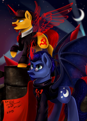 Size: 1280x1780 | Tagged: safe, artist:das_leben, imported from derpibooru, bat pony, earth pony, pony, alicornification, clothes, communism, crescent moon, duo, facial hair, history, lenin, leon trotsky, male, moon, night, ponified, raised hoof, revolution, russia, russian revolution, soviet, spread wings, stallion, trotsky, wings