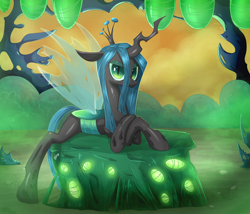 Size: 1900x1629 | Tagged: dead source, safe, artist:sl0ne, imported from derpibooru, queen chrysalis, changeling, changeling queen, changeling hive, cocoon, female, smiling, solo