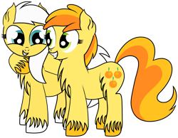 Size: 2193x1698 | Tagged: safe, artist:dinkyuniverse, imported from derpibooru, peachy pie, sunny daze, chest fluff, female, filly, foal, friendship, happy, simple background, transparent background, unshorn fetlocks