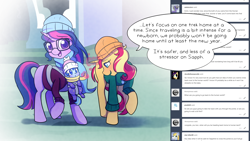 Size: 1920x1080 | Tagged: safe, artist:little-tweenframes, deleted from derpibooru, imported from derpibooru, sci-twi, sunset shimmer, twilight sparkle, oc, oc:sparkling sapphire, pony, series:sciset diary, baby, baby pony, clothes, coat, cute, female, hat, lesbian, magical lesbian spawn, mare, offspring, parent:sci-twi, parent:sunset shimmer, parents:scitwishimmer, scitwishimmer, shipping, sunsetsparkle