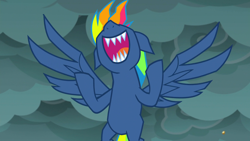 Size: 1920x1080 | Tagged: safe, imported from derpibooru, screencap, rainbow dash, pegasus, pony, secrets and pies, cloud, dark clouds, evil laugh, evil pie hater dash, female, flying, laughing, mare, nose in the air, sharp teeth, teeth, volumetric mouth