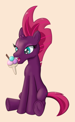 Size: 1303x2134 | Tagged: safe, artist:cybersquirrel, imported from derpibooru, fizzlepop berrytwist, tempest shadow, unicorn, my little pony: the movie, broken horn, female, food, frog (hoof), ice cream, licking, shading, simple background, sitting, solo, tongue out, underhoof